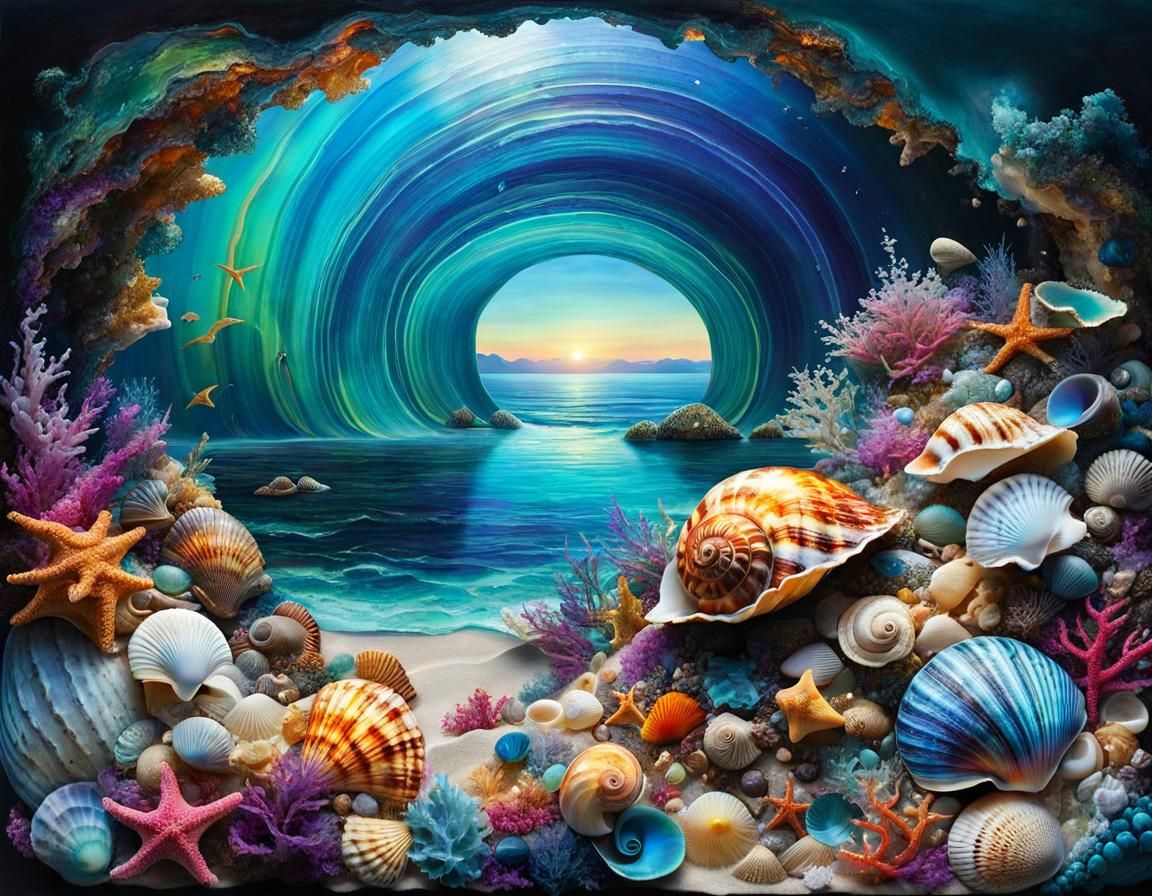 ethereal fantasy seascape filling the interior of a shell, t...