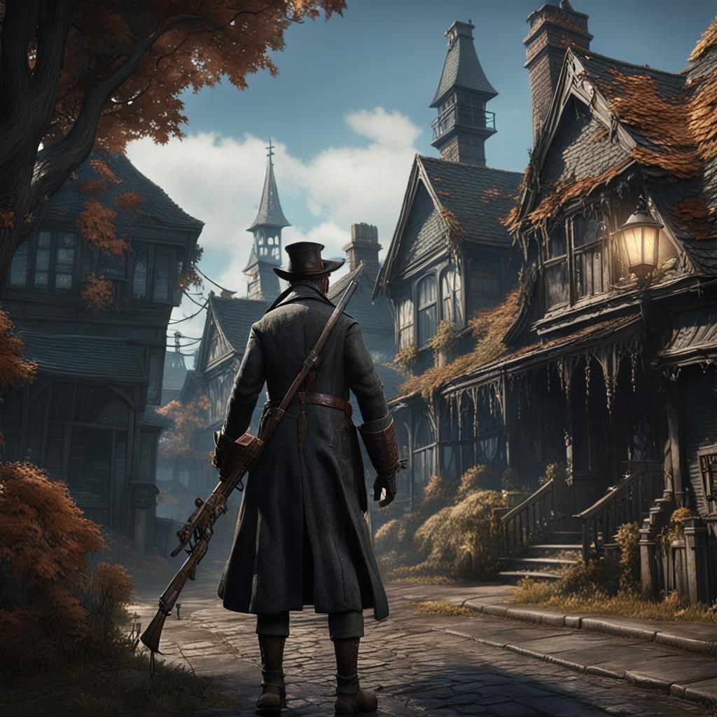 A bloodborne hunter fused with 1950s suburbs