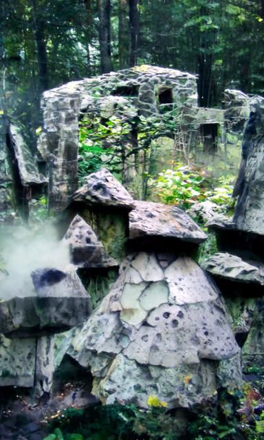 Abandoned stone structure in a misty forest, as shadowy drea...