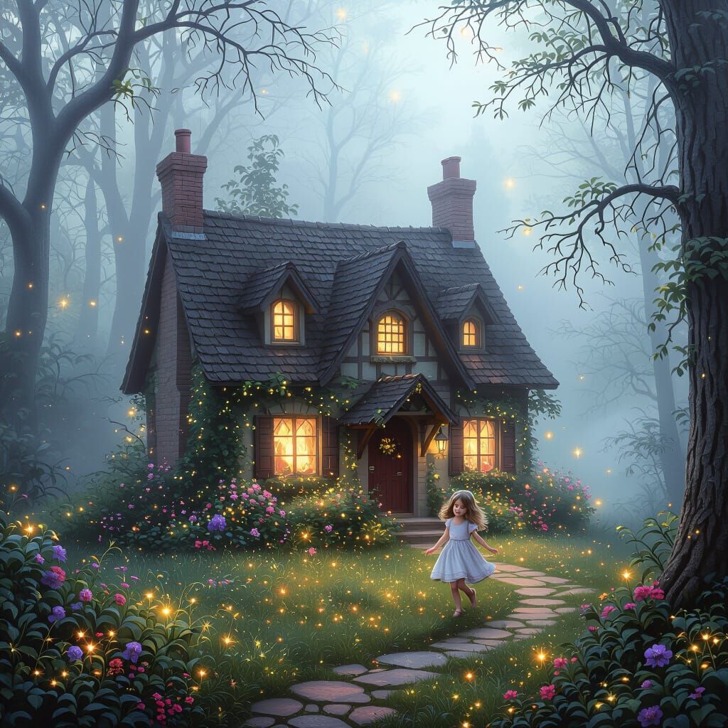 A pretty little houes in the froset and a little girl playing outside  by @undefined