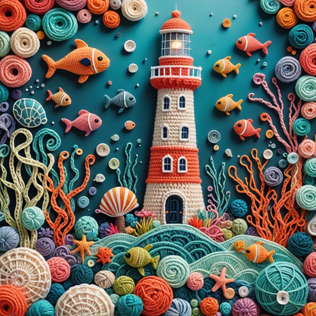 Soft crochet art. Medium shot. A whimsical lighthouse made of colorful yarn, surrounded by crocheted ...  by @AC