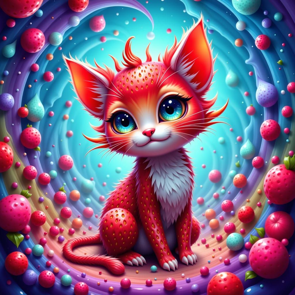 Hyperrealistic fusion art. Mid shot. A teeny tiny strawberry-kitten hybrid with intricate details, sitting on a colorful background with a r...