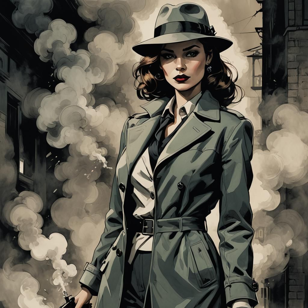 Comic Noir expressionism female detective, fedora, smoke, allure, romantic, colour   by @BRW