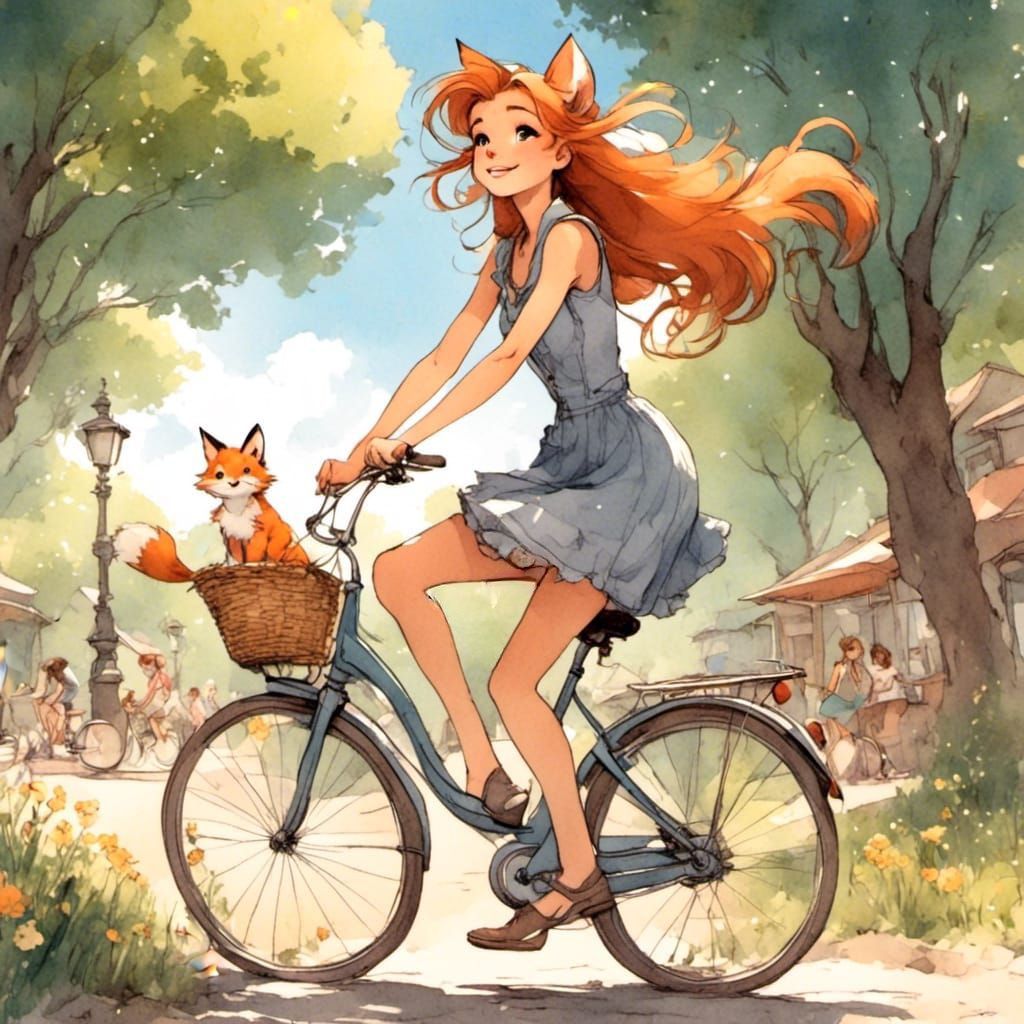 Adorable Fox-girl VIXEN riding her bicycle in the city park.