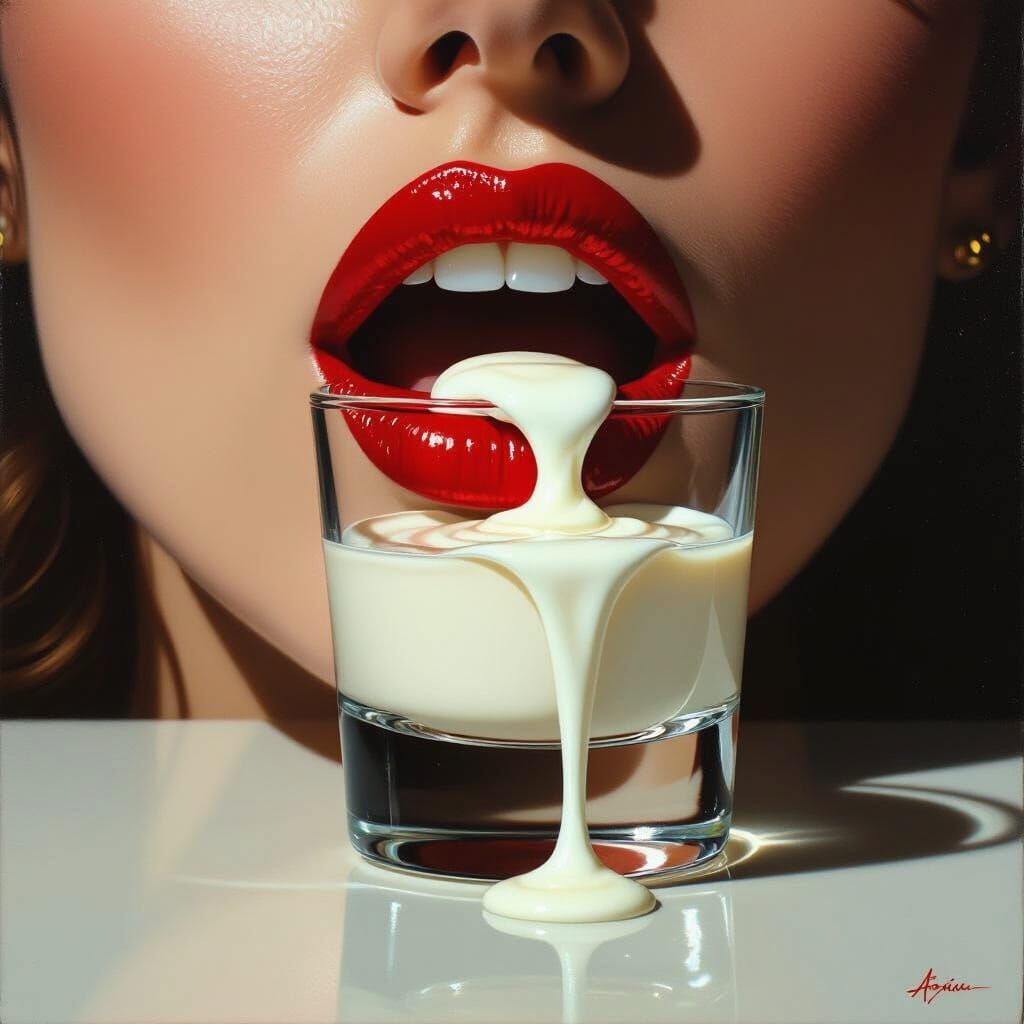 Hyperrealistic Oil Painting of Woman's Mouth Expelling Cream
