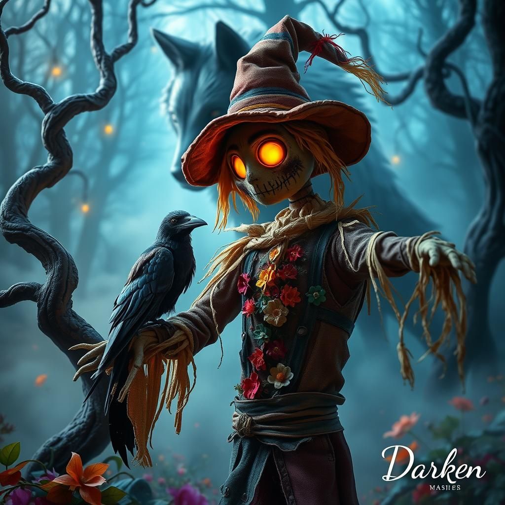 Eerie Scarecrow in Enchanted Forest: Tim Burton Style