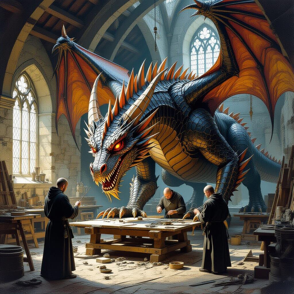 In a mediaeval workshop, monks are constructing a giant dragon from metal. Dark and mysteriousm highly detailed, Roger Dean detailed paintin...