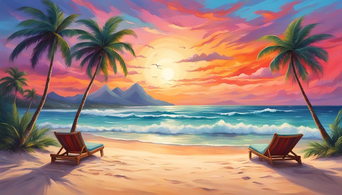 Tropical Paradise Sunset with Ocean Wave