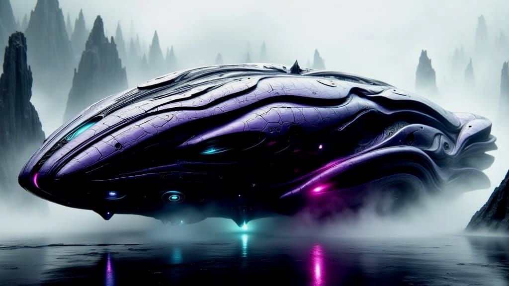 <lora:SCI SHIPS RKDM:1.0> A futuristic spaceship with an elongated and sleek design, seamlessly blending a mechanical underlying structure w...