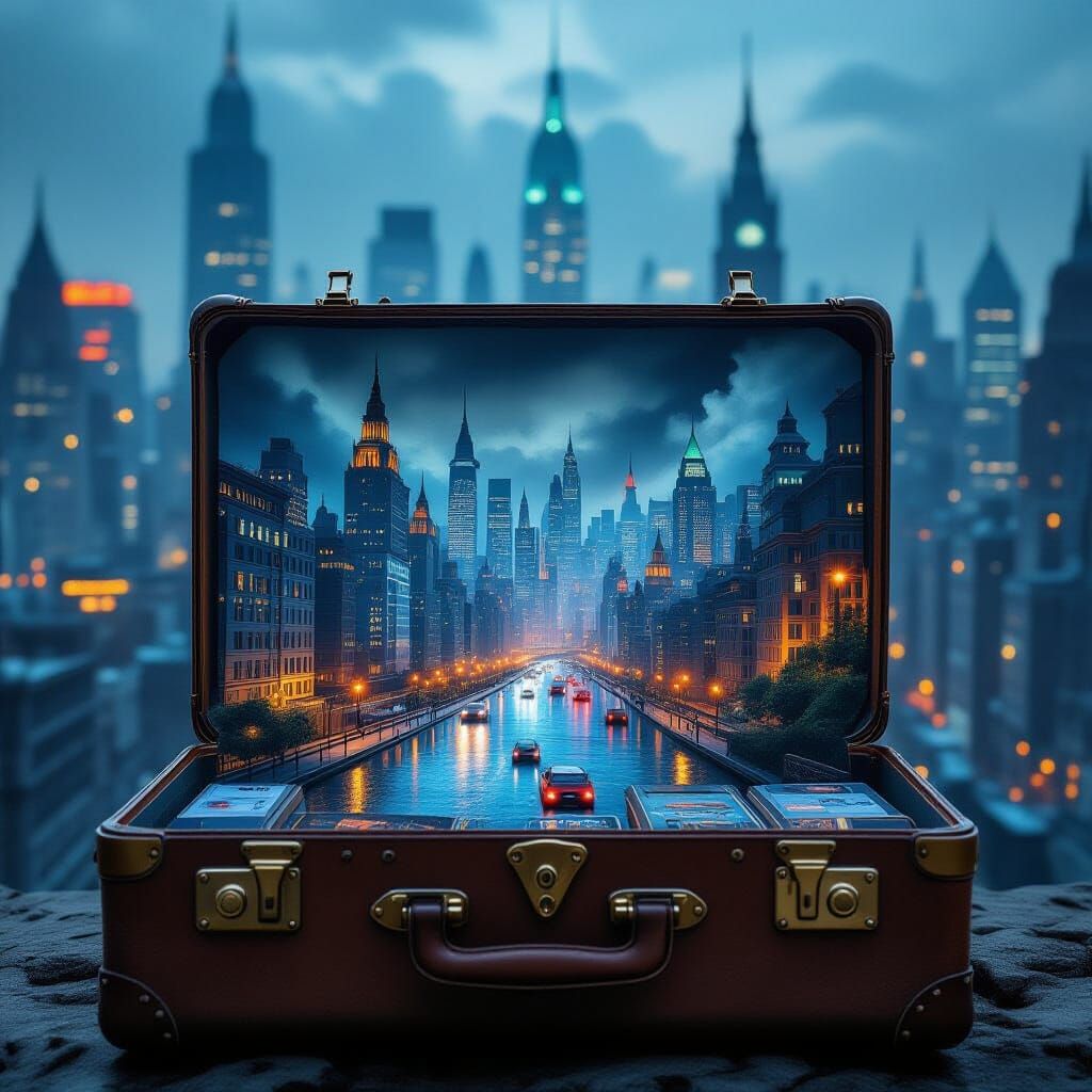 An open travel suitcase with an entire vibrant city inside  by @R