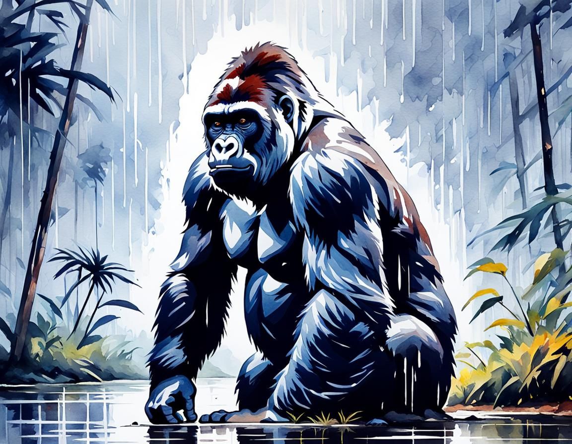 Gorilla in Rain, Watercolor Painting