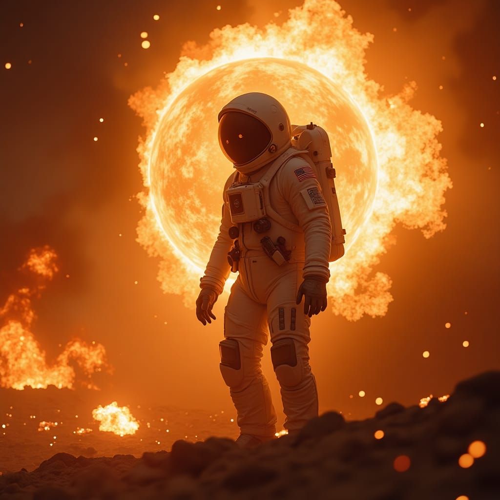 A futuristic astronaut bathed in fiery cosmic light gazes fo...