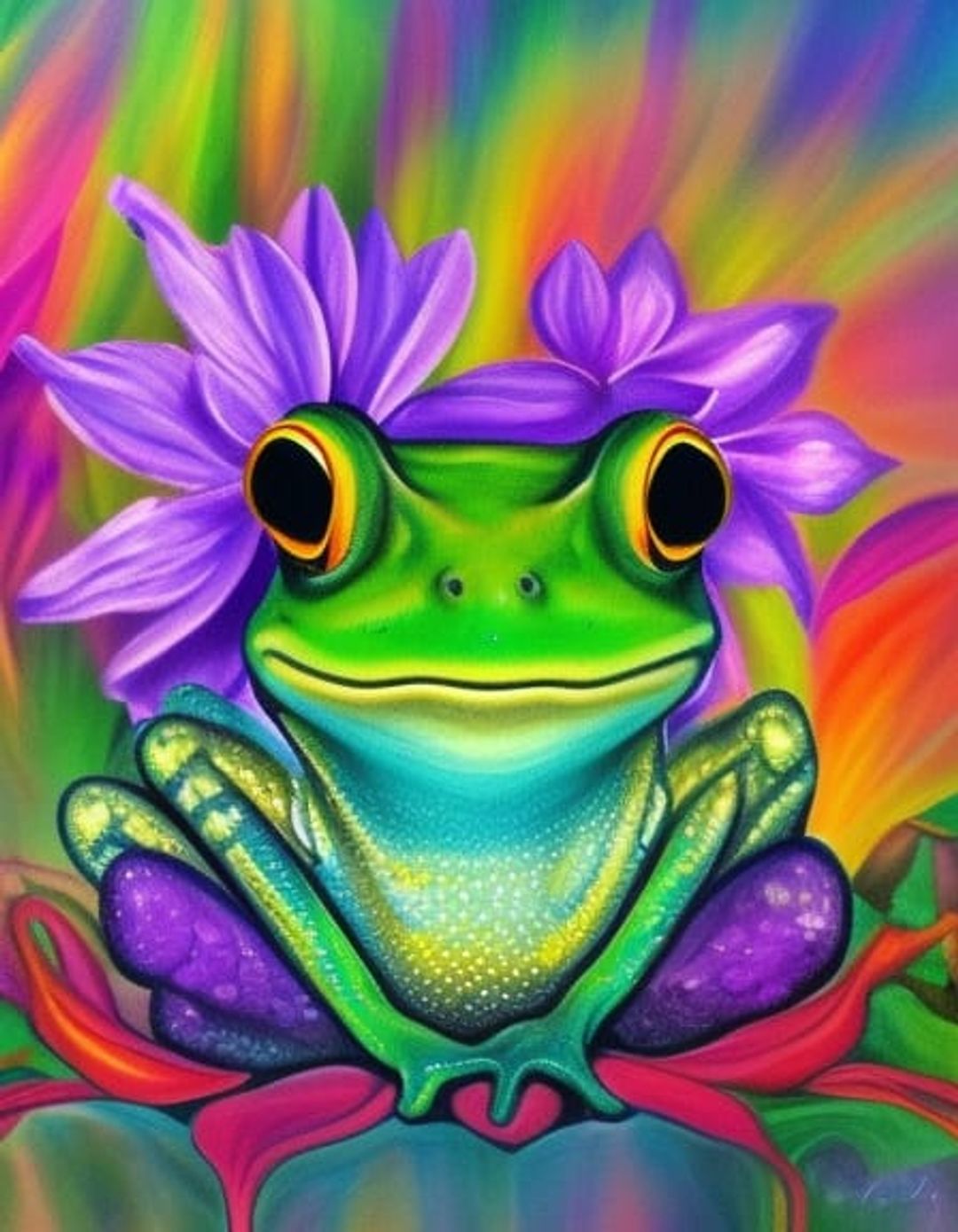 Frog Sitting In The Middle Of A Colorful Flower Romanticism Oil On 