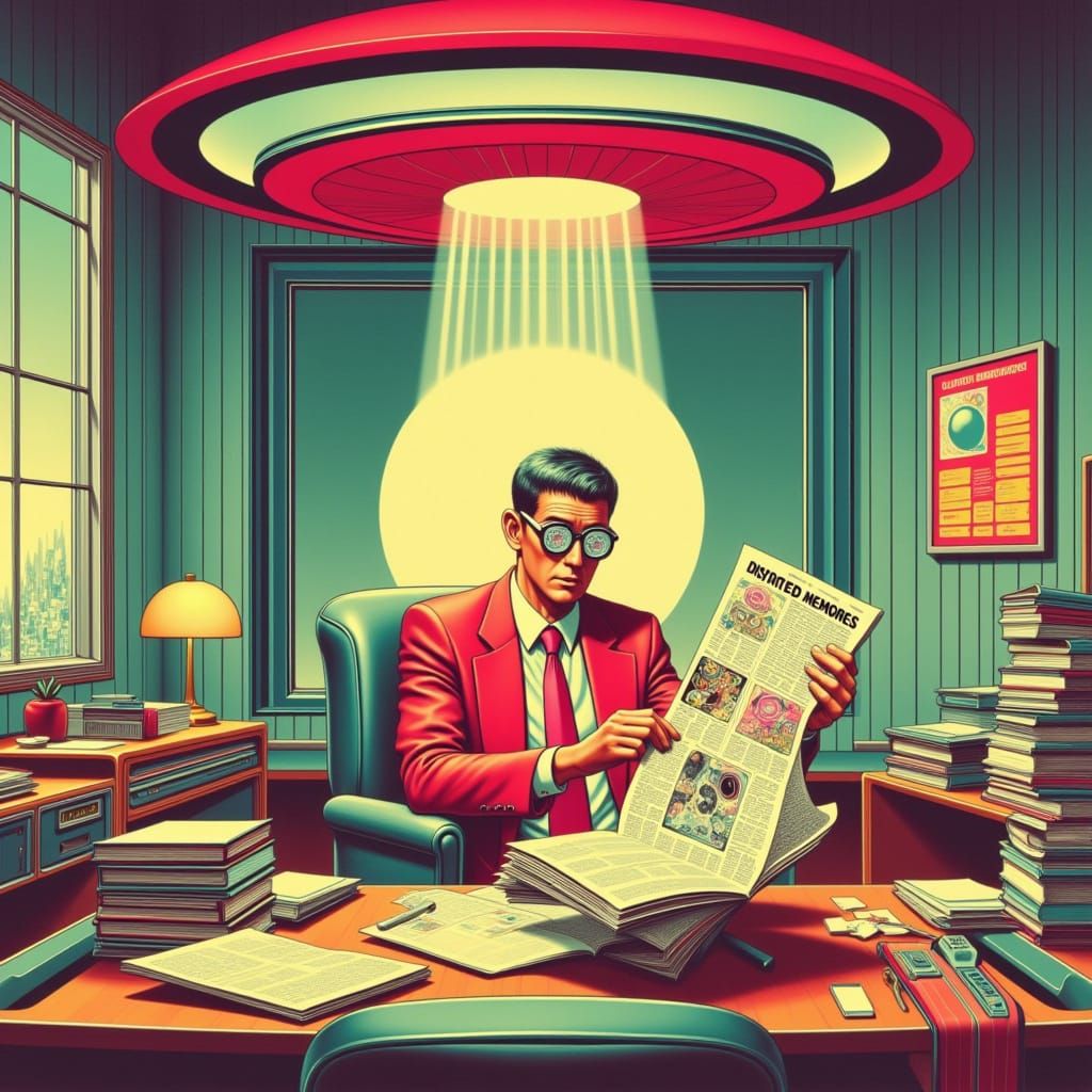 <lora:Limutopia:1.0>
 a man sitting at a desk, holding a newspaper and wearing unusual glasses. The man is dressed in a red suit jacket, whi...