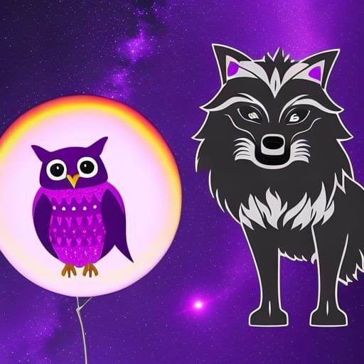 Pink howling wolf 
Siting Next to an purple OWL 🦉 
Meteor s...
