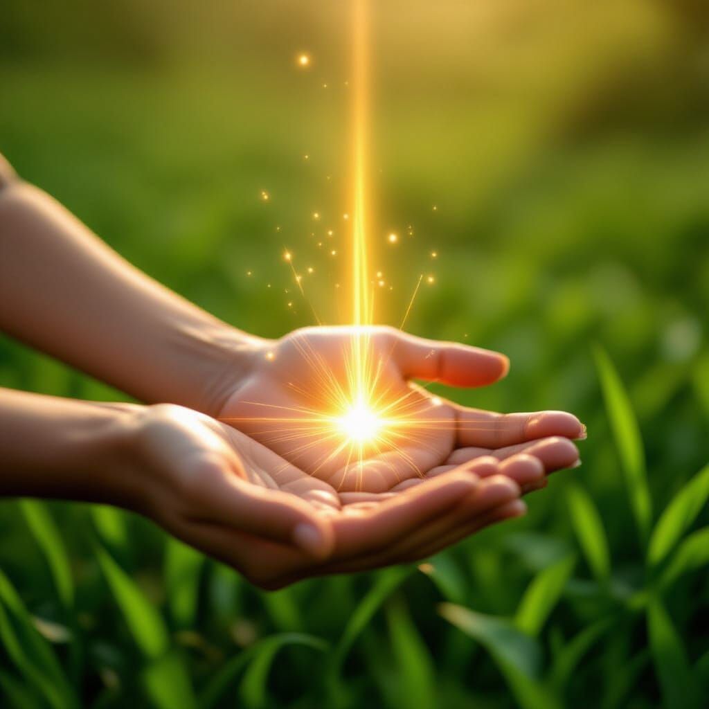 Hopeful Hands Spreading Radiant Path in Lush Landscape