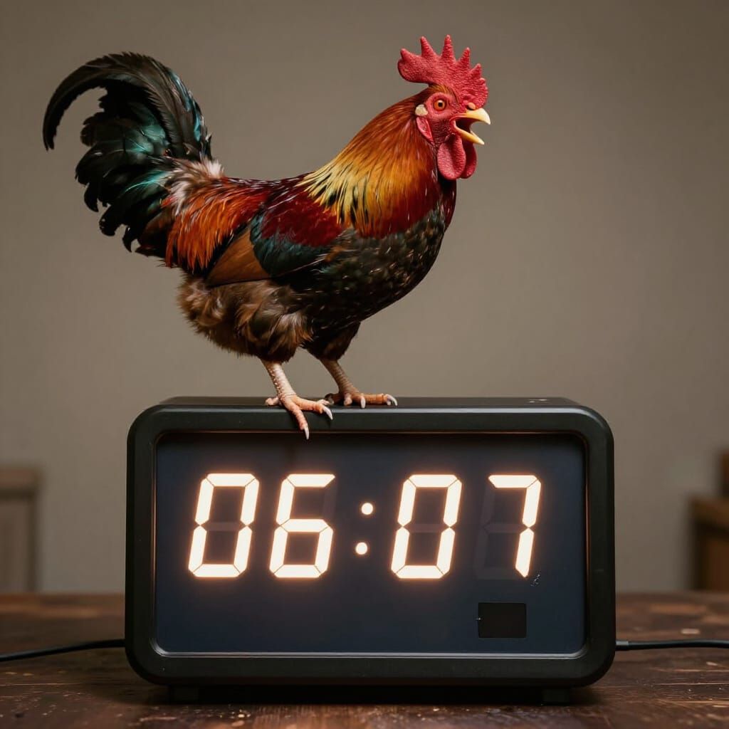 Realistic digital clock in a slightly humorous surreal scene. The display shows the exact time 06:07, ...  by @konsa_n