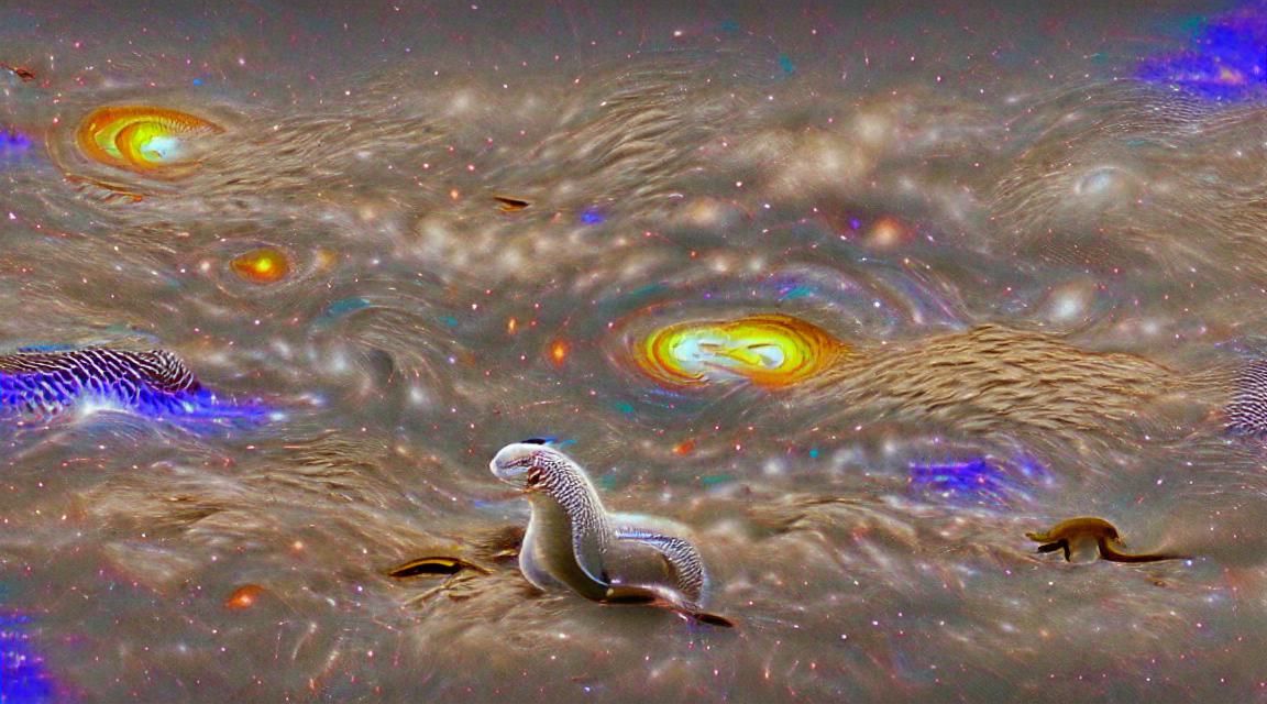 white mongoose riding a king cobra through the cosmos
