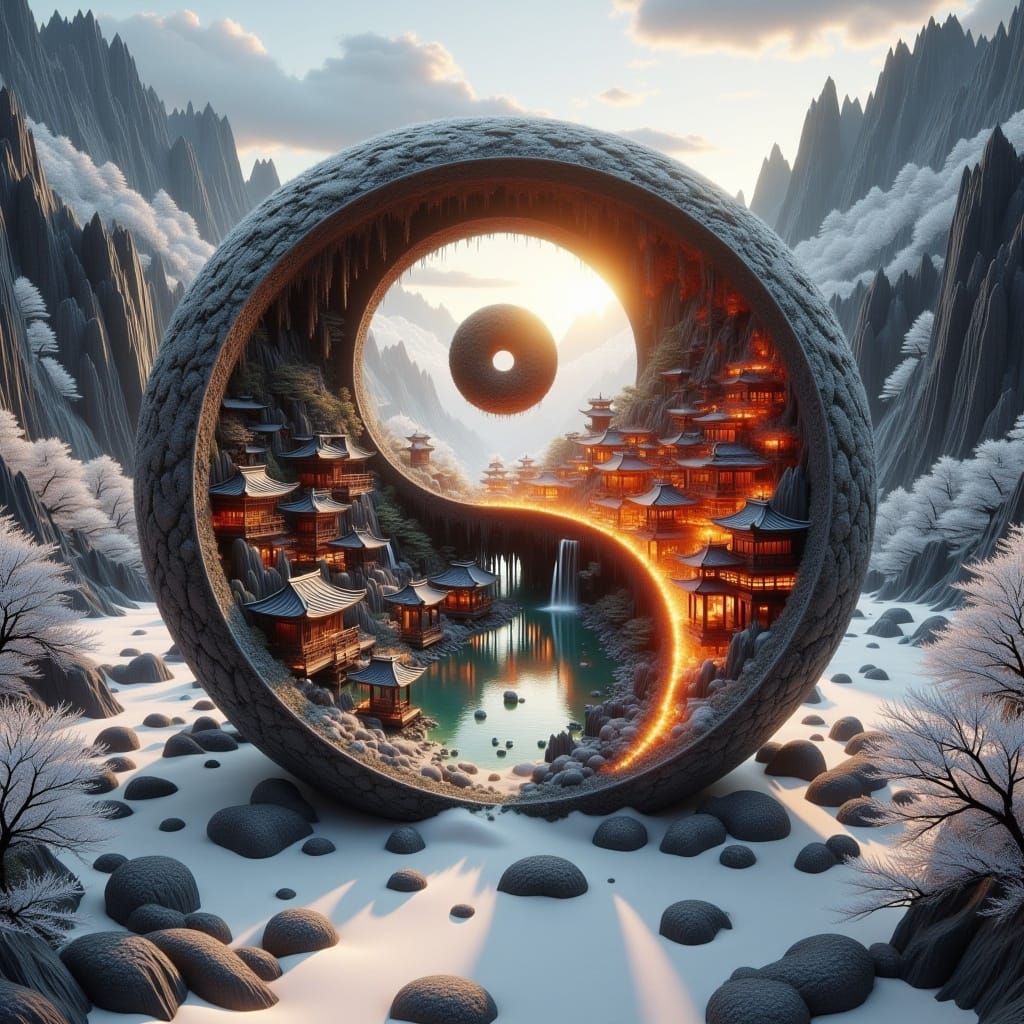 Yin-yang scenery, Distant hyperdetailed fire_and_waterfalls_village inside a winter japanese garden inside a whote sand desert, fantasy, int...