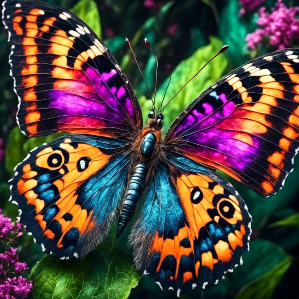 A vibrantly colored butterfly Macro photography intricate details, uniform color pattern HDR, beautifully shot, hyperrea...