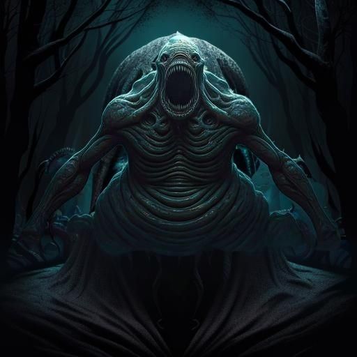 Pitch black bottomless completely dark void where the only thing that is truly visible is the Eldritch horror squid, gargantuan and impossib...