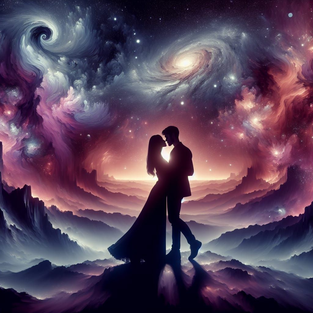 44 shades of grey most beautiful Caucasian man and caucasion woman embrace,  in the universe 16K, galactic