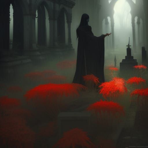 Lycoris radiata in a gothic cemetery a masterpiece, 8k resol...