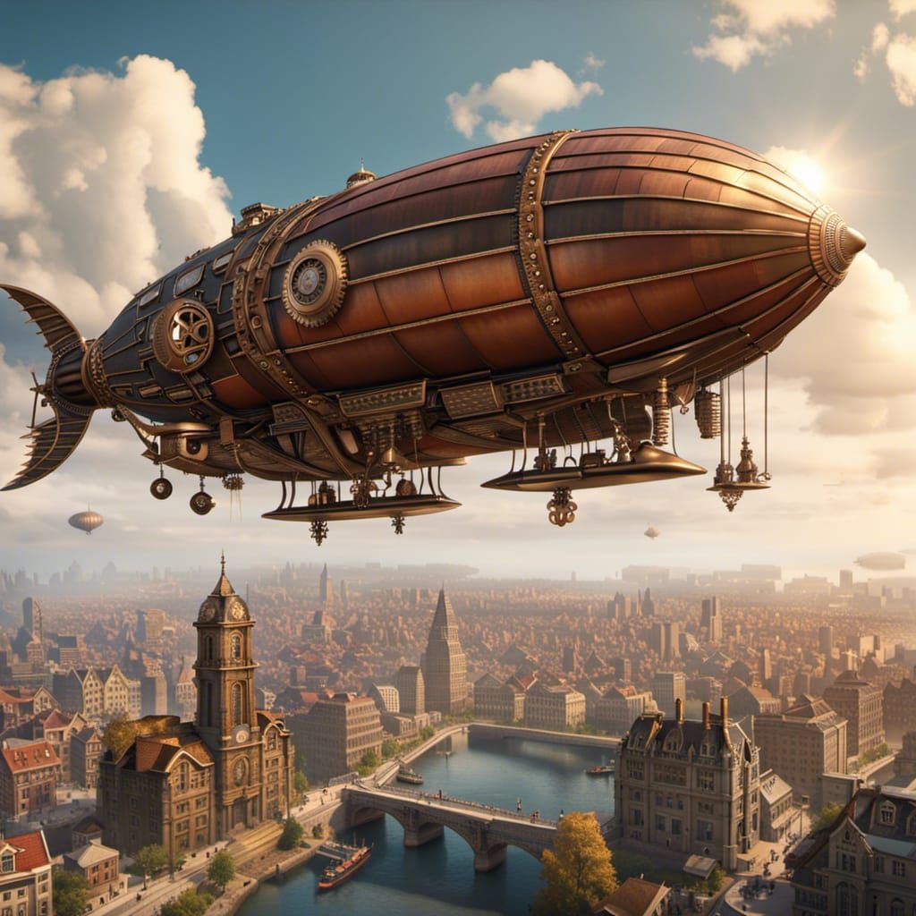 Airship over an old city