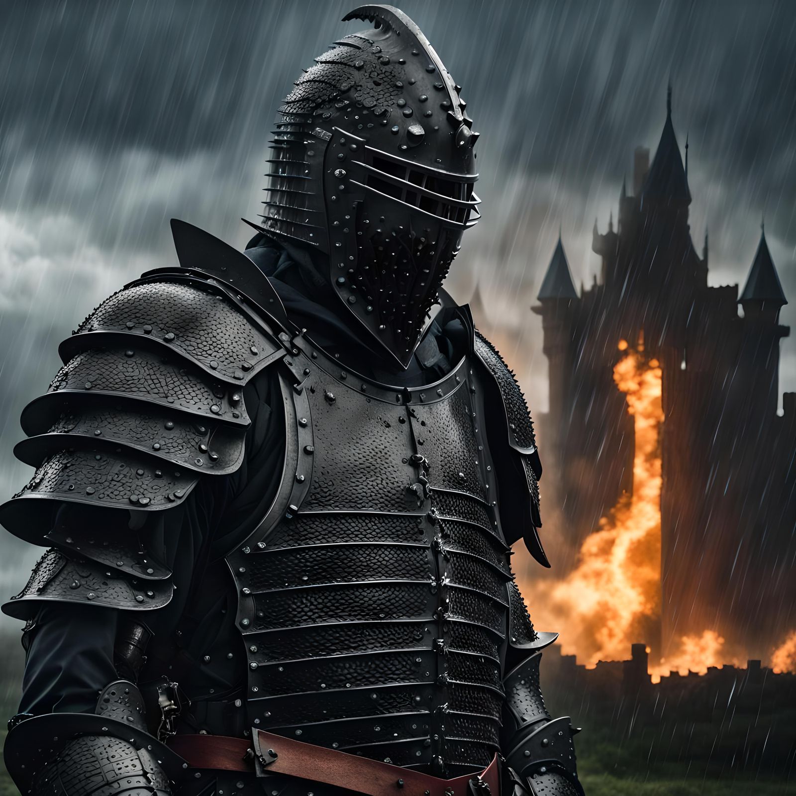 Medieval Black plate armor hauberk knight hold his head and ...