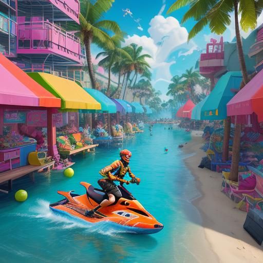 Tropical beach,ClayFighter character Bonker riding a jetski,...