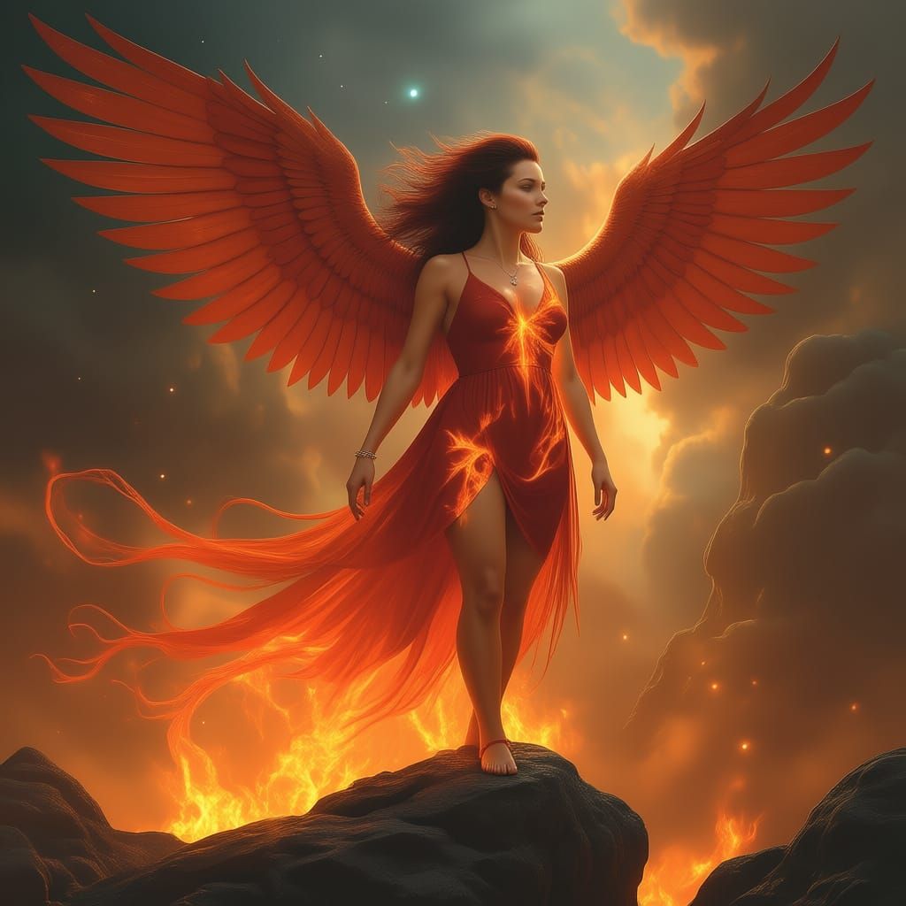 The simple woman is meeting a majestic phoenix , its feathers a cascade of fiery oranges and deep reds. The background is a swirling vortex ... - Start Image 2