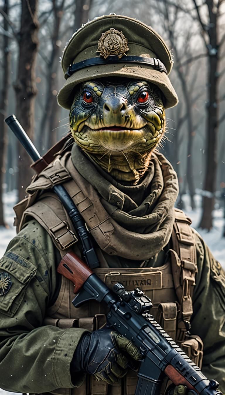 Courageous Battle Turtle in full winter military uniform - AI Generated ...