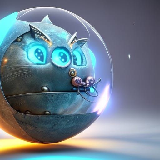 3D cute little kitten inside of a giant glowing orb, highly ...