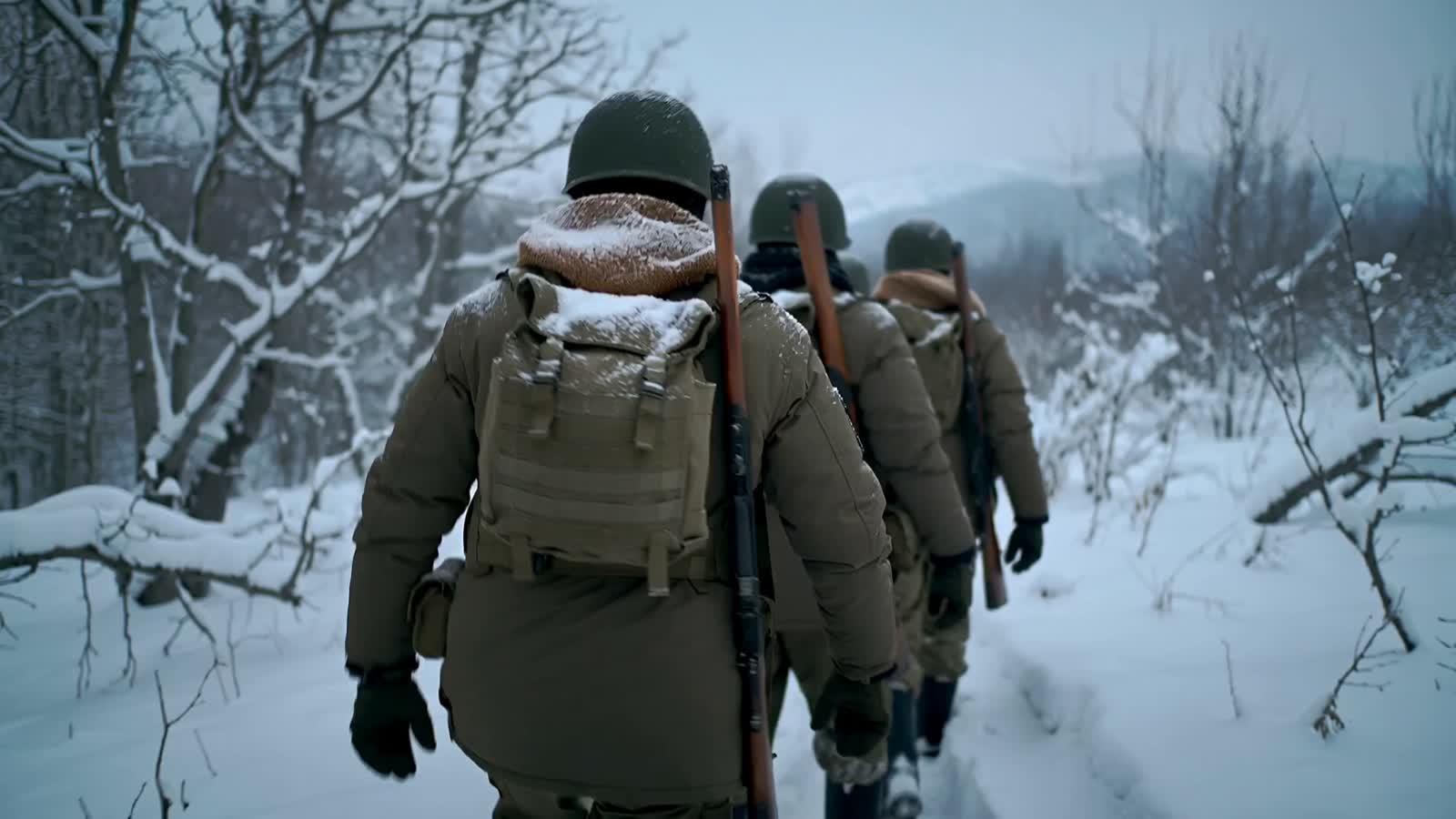 I want it to be a cold winter scene with the winter foliage and O trees and stuff. And several Ukrainian soldiers marchi...