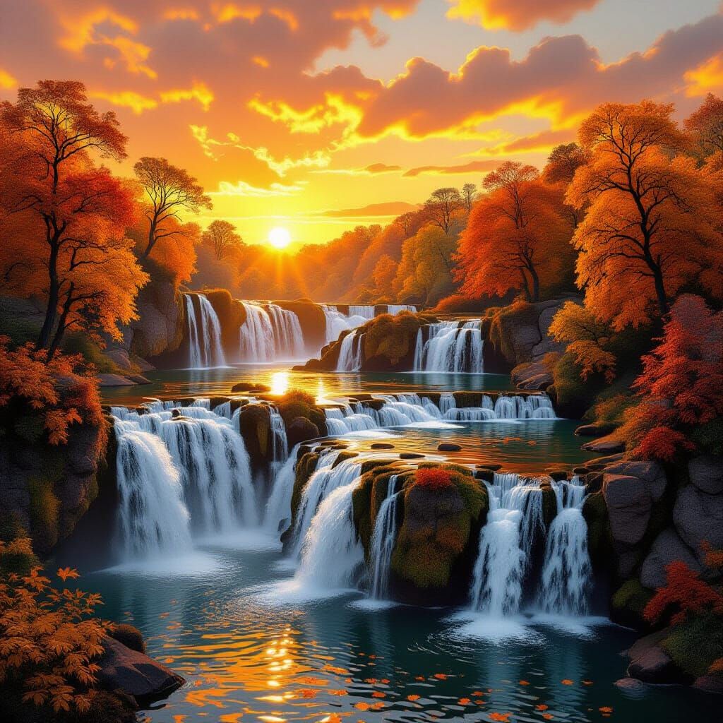 An autumn waterfall at sunset  by @Ava