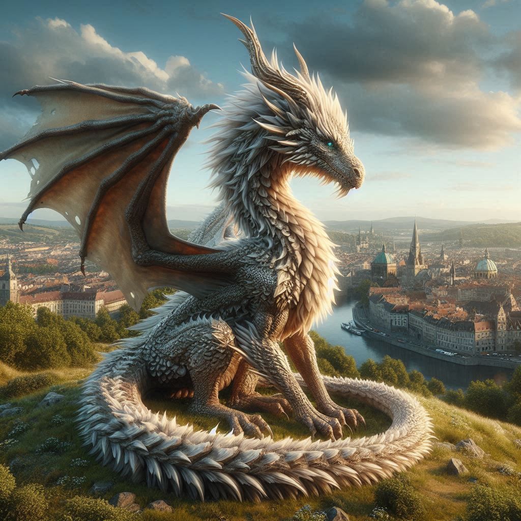 Regal dragon overlooking a city