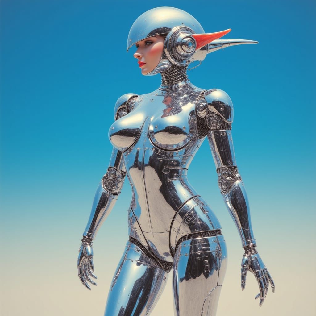 <lora:Fluxayama:1.0> A hyperrealistic female humanoid elf robot in a provocative pose, designed with sleek, polished chrome body parts that ...