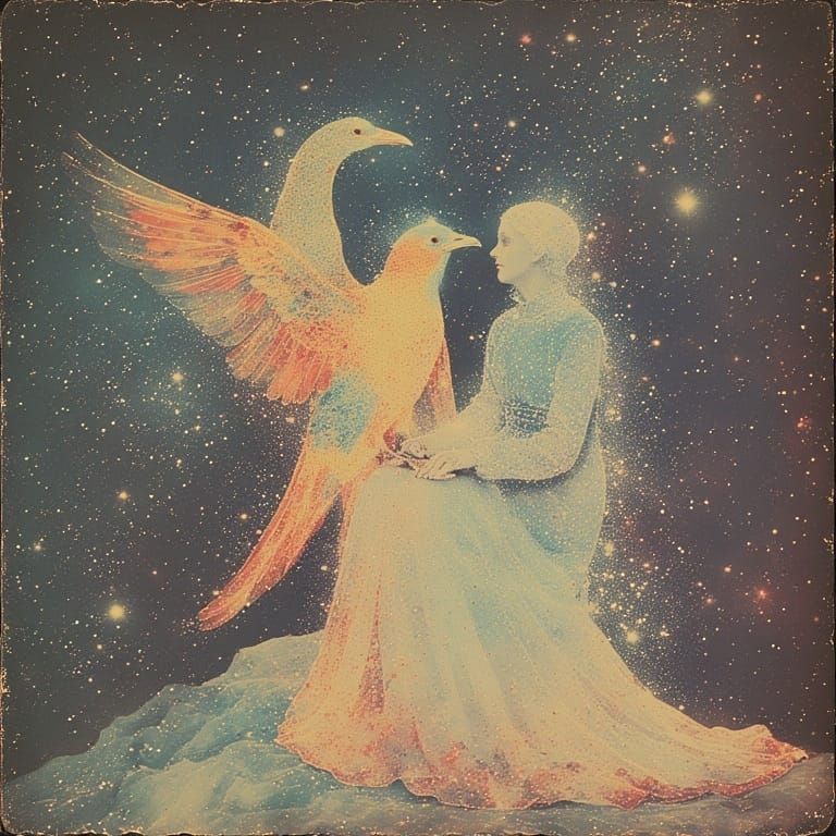 sitting alongside a large, colorful bird