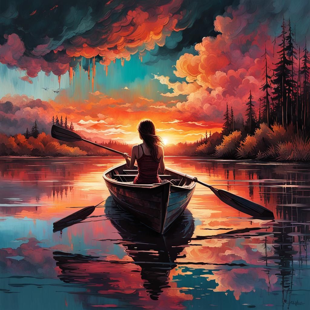 Rowing towards a colorful sunset - AI Generated Artwork - NightCafe Creator