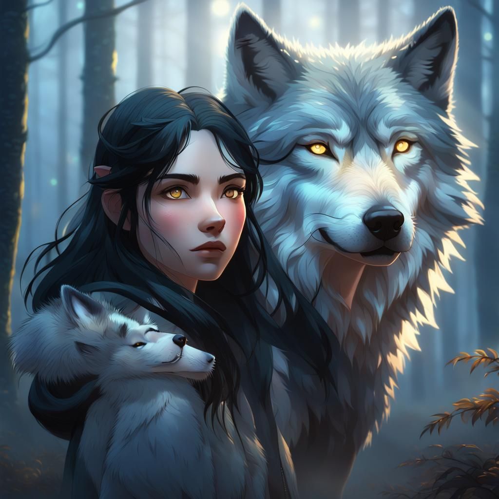 Girl and Wolf in Misty Forest, 3D Anime Art