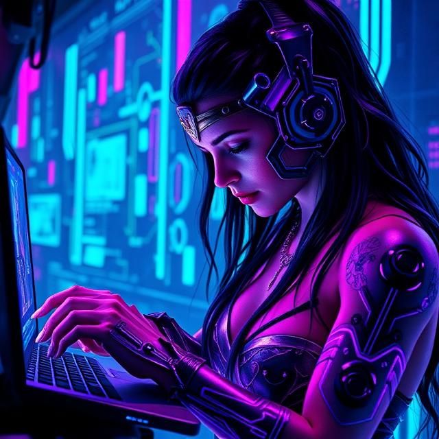 An Amazonian warrior, reimagined as a cyberpunk hacker, deep...