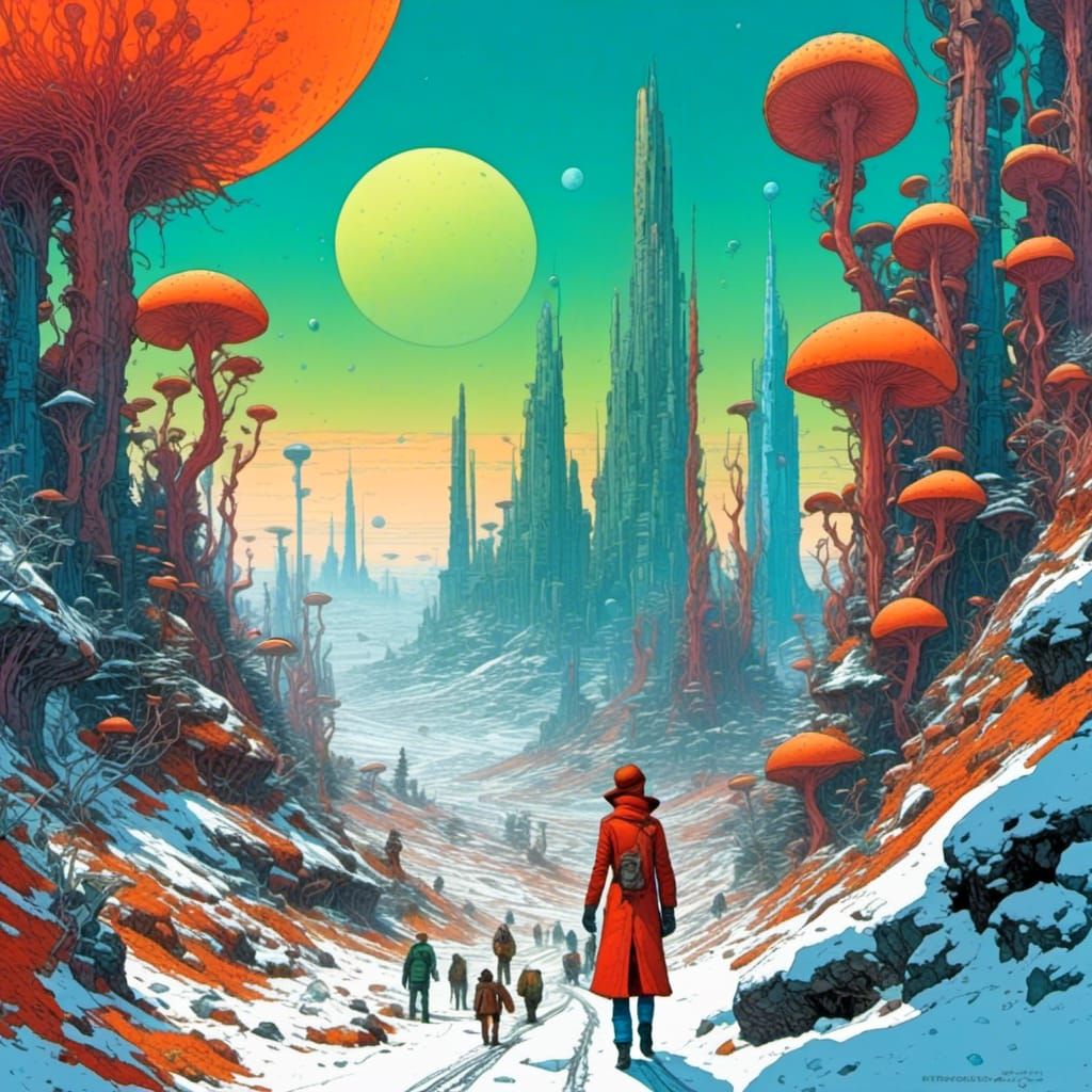 <lora:SciFae Serenity:1.0>  8k, woman in Psychedelic kafkaesque urban winter, carnivorous extremophile plants, in the iconic illustration st...