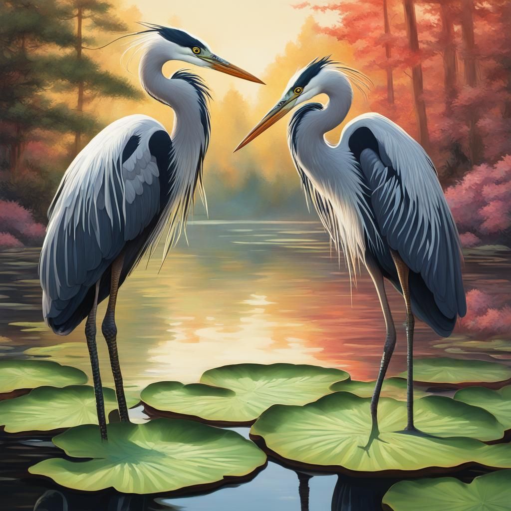 2 Herons on lily pad's
