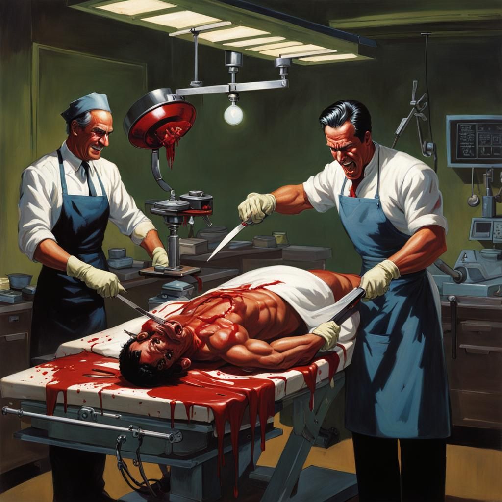 surgeoun with bloody scalple, cutting a man on the operating...
