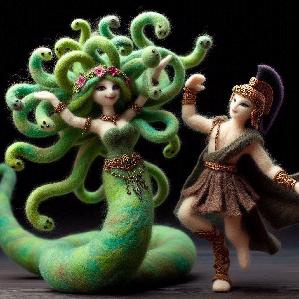 Medusa and Perseus felted friends