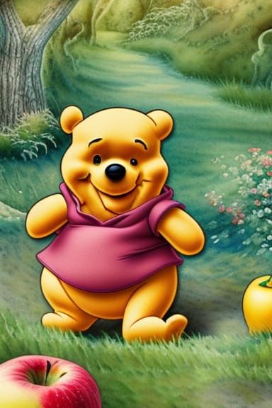 Single Winnie the pooh with apples 8k resolution intricately...