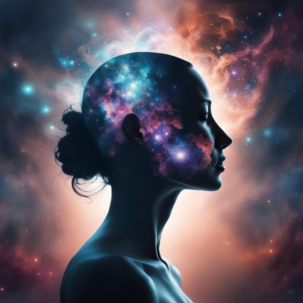 Cosmic Double Exposure Art of a Woman's Silhouette