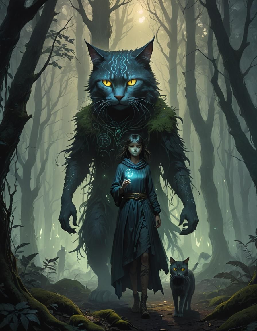 Mystical Cat Encounter in Ethereal Forest
