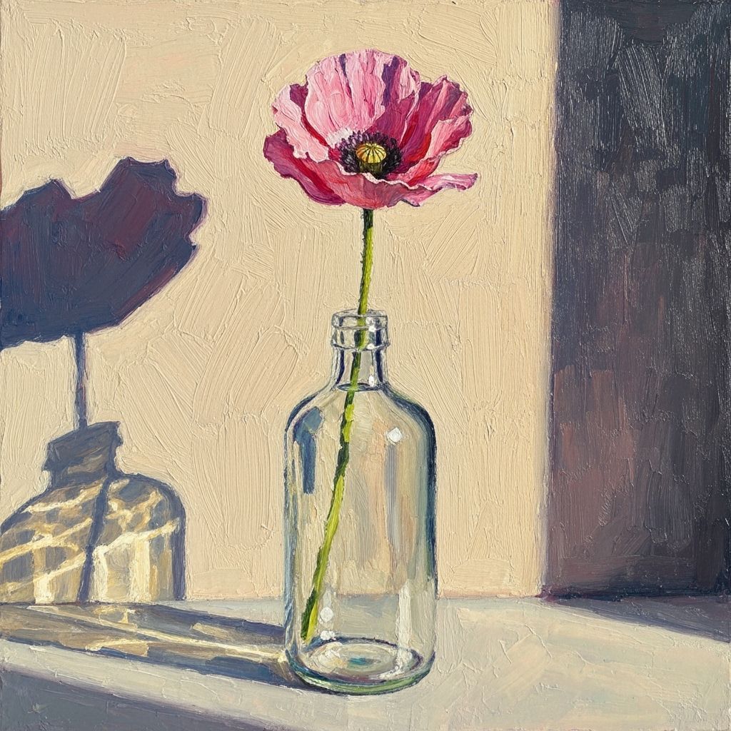 A delicate pink poppy in a clear glass bottle, illuminated by warm sunlight  by @Iryna