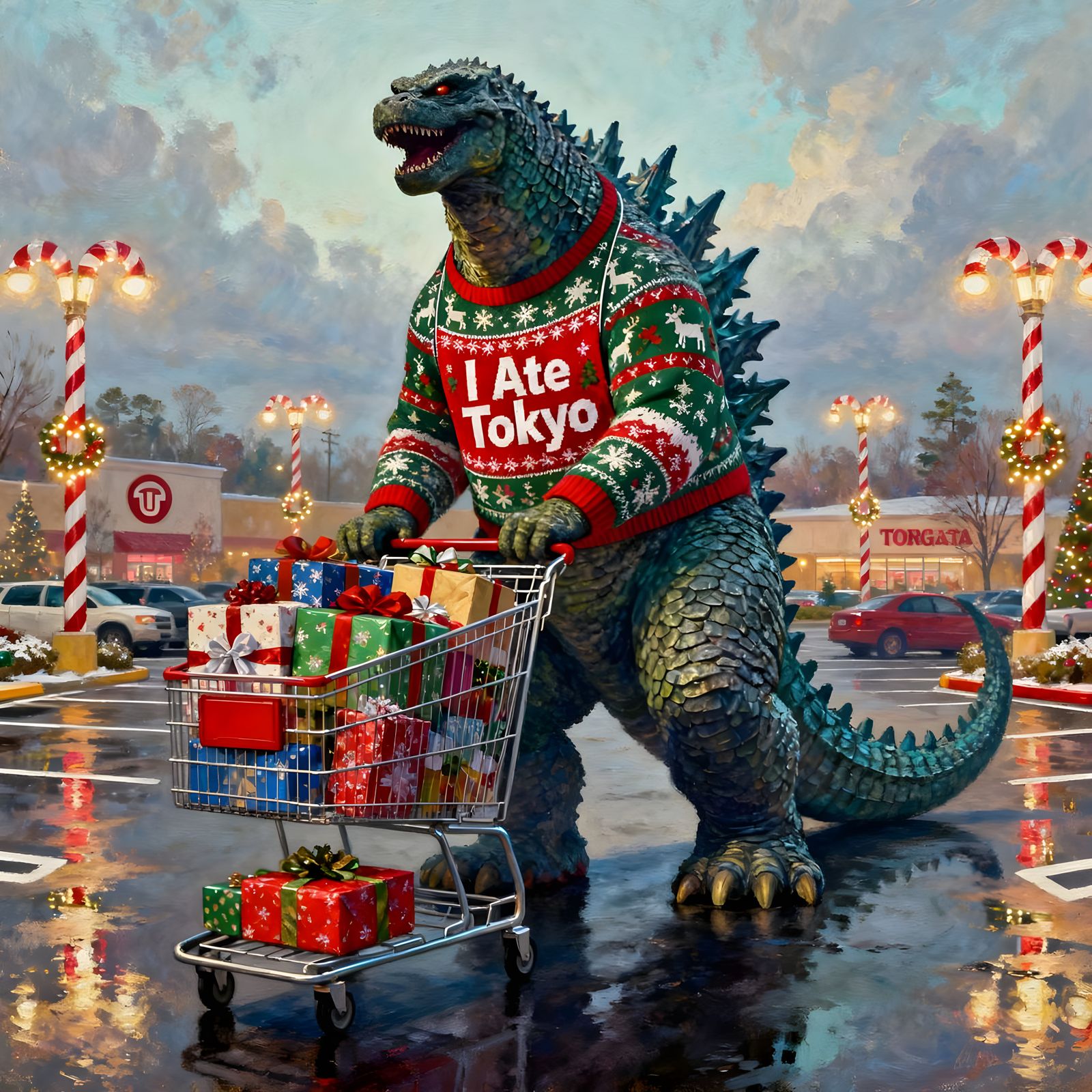 After Eating Tokyo, Godzilla Goes Christmas Shopping While Wearing His Souvenir Sweater  by @Evan Fischer